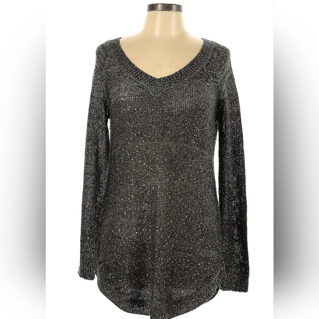 Soft Surroundings Gray Knit V-Neck Sweater With Tiny Gold Sequins Euc